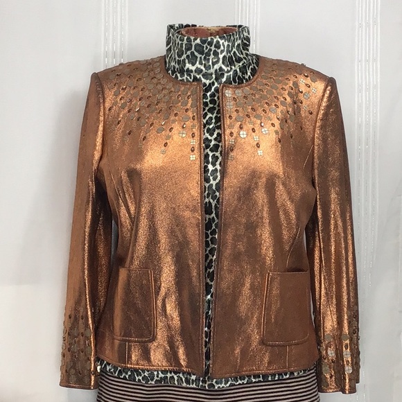 Ellen Tracy Leather Metallic Copper Embellished Jacket Blazer - Picture 3 of 14